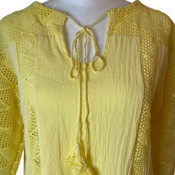 Yellow Lightweight 3/4 Sleeve Shirt with Lace Details & Tassels Size Medium - Picture 5 of 10
